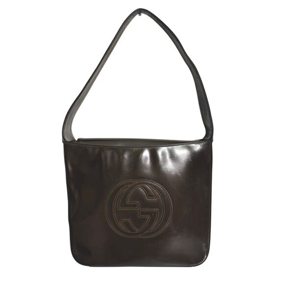 Gucci Patent Leather Authentic ! W serial# Brown Embossed Logo Shoulder Vintage - Picture 1 of 12